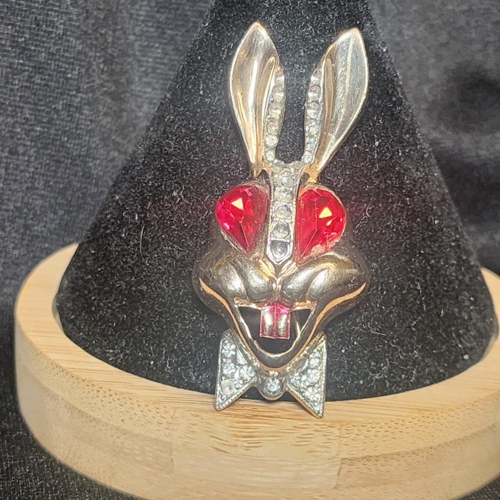 VTG Karu of Fifth Avenue Folly Bunny Brooch Gold Tone With Bowtie Whimsical Mad